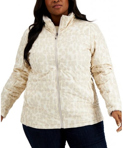 Women's Plus Size Printed Mossbud Insulated Reversible Jacket Silver Grey Leopard Print $76.05 Jackets