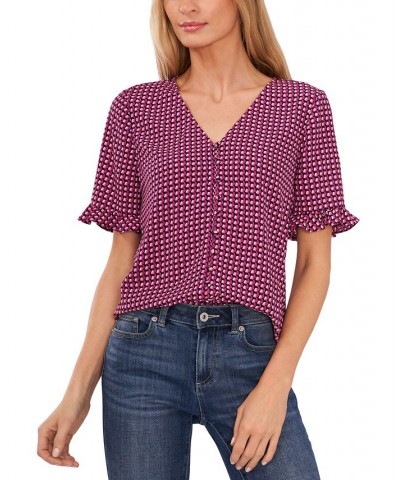 Women's Short Sleeve Button Front Blouse Purple $24.16 Tops