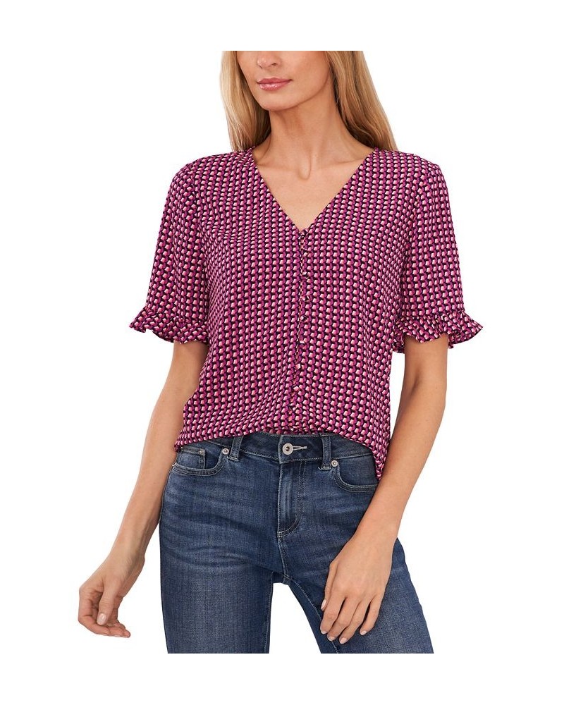 Women's Short Sleeve Button Front Blouse Purple $24.16 Tops