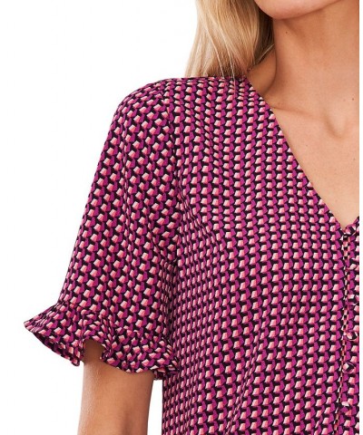 Women's Short Sleeve Button Front Blouse Purple $24.16 Tops