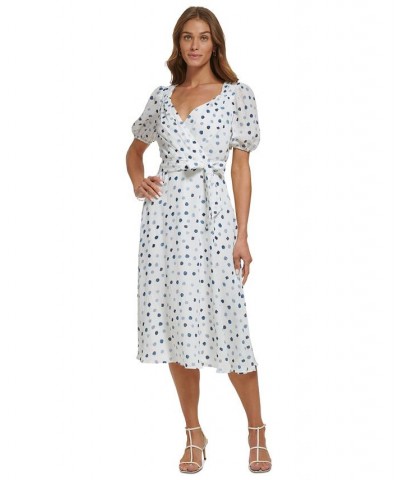 Women's Dotted V-Neck Puff-Sleeve Belted Dress Cloud Combo $46.08 Dresses