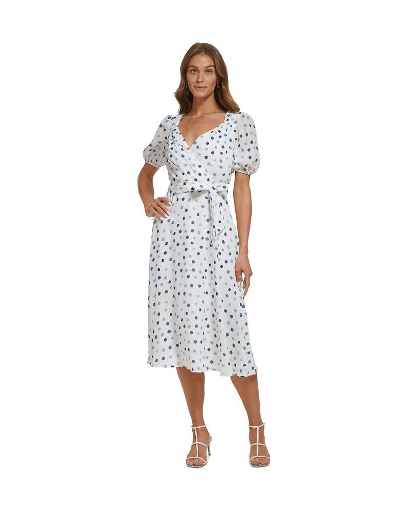 Women's Dotted V-Neck Puff-Sleeve Belted Dress Cloud Combo $46.08 Dresses