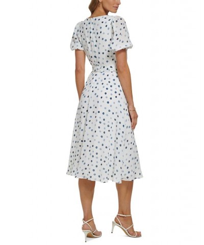 Women's Dotted V-Neck Puff-Sleeve Belted Dress Cloud Combo $46.08 Dresses