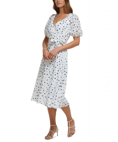 Women's Dotted V-Neck Puff-Sleeve Belted Dress Cloud Combo $46.08 Dresses