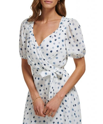 Women's Dotted V-Neck Puff-Sleeve Belted Dress Cloud Combo $46.08 Dresses