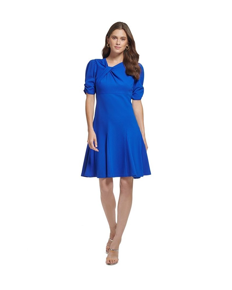 Women's Twist Puff-Sleeve Godet A-Line Dress Deep Cobalt $38.47 Dresses