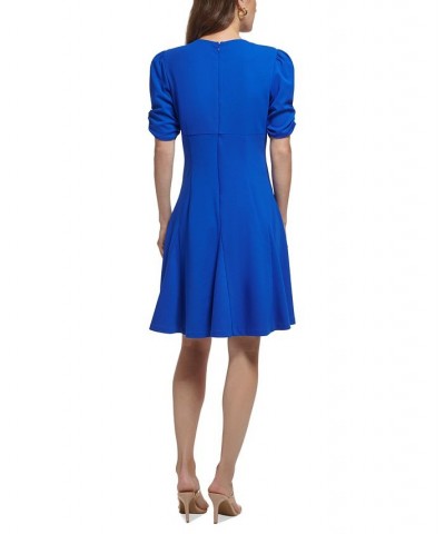 Women's Twist Puff-Sleeve Godet A-Line Dress Deep Cobalt $38.47 Dresses