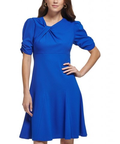 Women's Twist Puff-Sleeve Godet A-Line Dress Deep Cobalt $38.47 Dresses