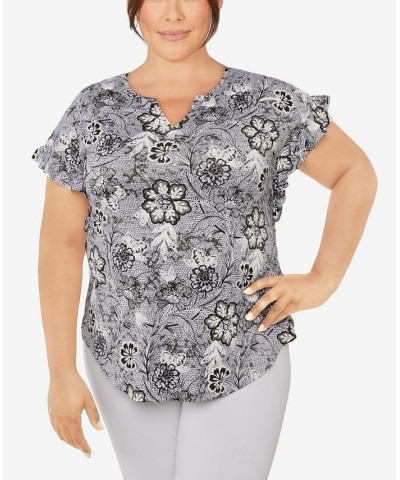 Plus Size Knit Floral Puff Print Top Black $32.56 Tops