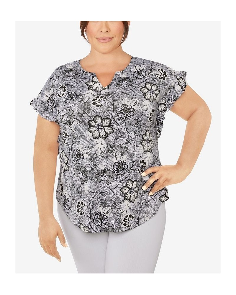 Plus Size Knit Floral Puff Print Top Black $32.56 Tops