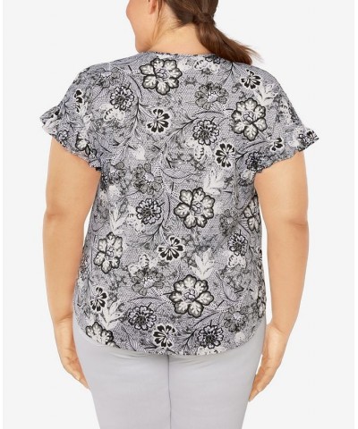 Plus Size Knit Floral Puff Print Top Black $32.56 Tops