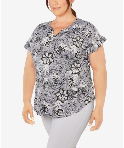 Plus Size Knit Floral Puff Print Top Black $32.56 Tops