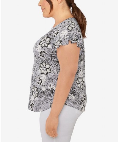 Plus Size Knit Floral Puff Print Top Black $32.56 Tops