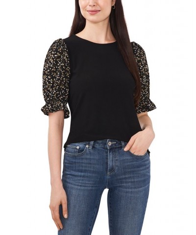 Women's Mixed-Media Short-Puff-Sleeve Top Rich Black $26.79 Tops