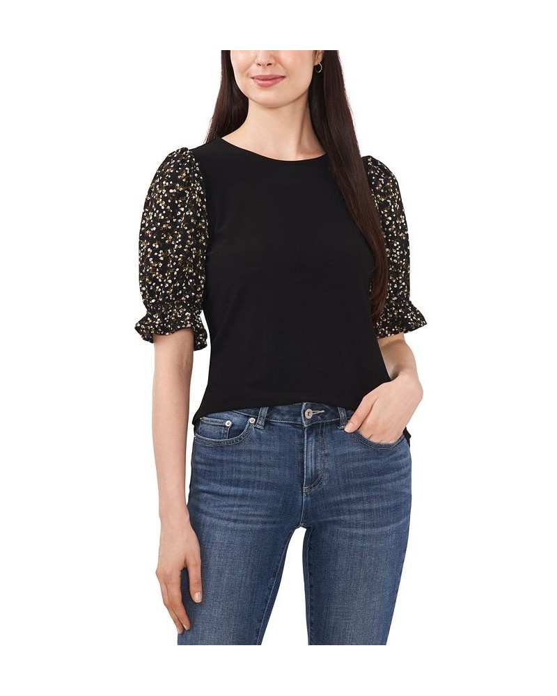 Women's Mixed-Media Short-Puff-Sleeve Top Rich Black $26.79 Tops