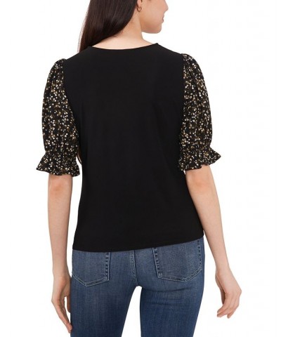 Women's Mixed-Media Short-Puff-Sleeve Top Rich Black $26.79 Tops