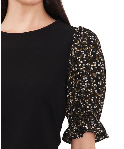 Women's Mixed-Media Short-Puff-Sleeve Top Rich Black $26.79 Tops