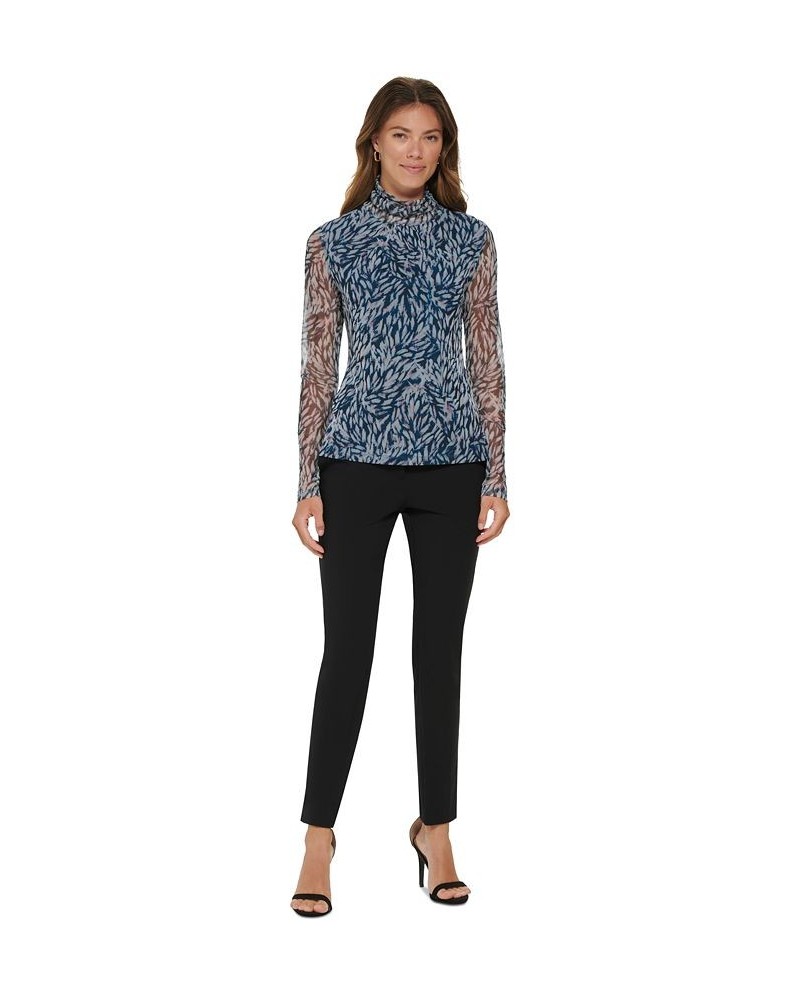 Women's Printed Mock Turtleneck Mesh Sleeve Top Cashmere Multi $22.10 Tops