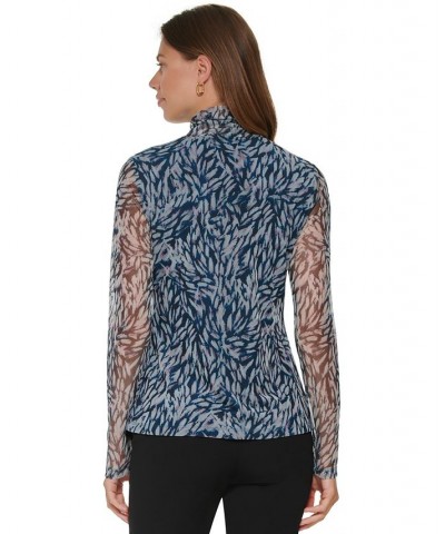 Women's Printed Mock Turtleneck Mesh Sleeve Top Cashmere Multi $22.10 Tops