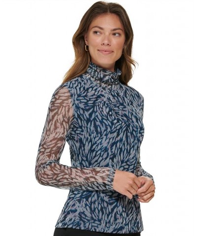 Women's Printed Mock Turtleneck Mesh Sleeve Top Cashmere Multi $22.10 Tops