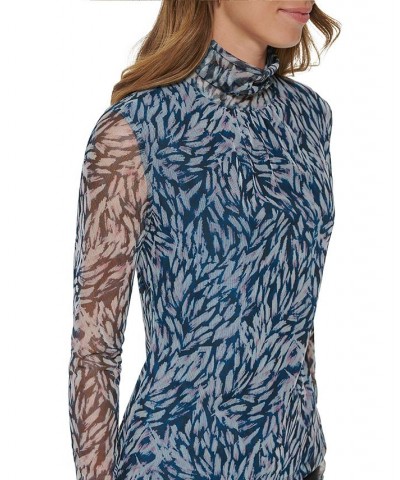 Women's Printed Mock Turtleneck Mesh Sleeve Top Cashmere Multi $22.10 Tops