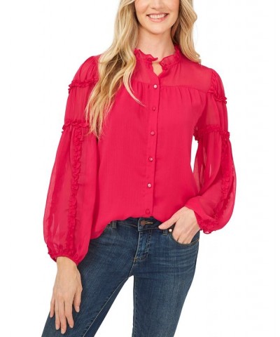 Women's Solid Ruffled-Sleeve Button-Down Blouse Pink $41.42 Tops