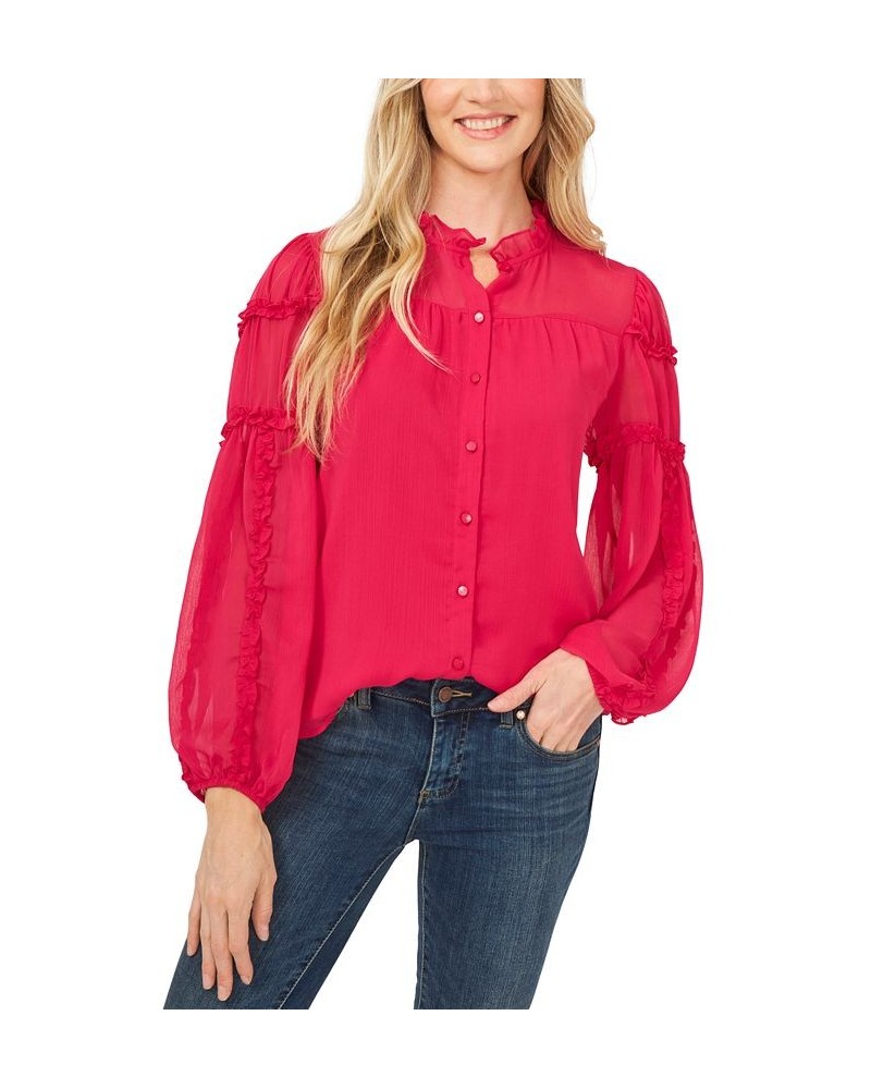 Women's Solid Ruffled-Sleeve Button-Down Blouse Pink $41.42 Tops