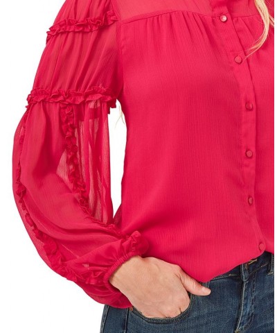 Women's Solid Ruffled-Sleeve Button-Down Blouse Pink $41.42 Tops