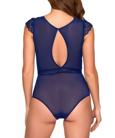 Women's Plus Size Stretch Lace and Mesh Bodysuit Lingerie Blue $34.43 Lingerie