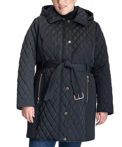 Women's Plus Size Hooded Belted Quilted Coat Black $80.50 Coats