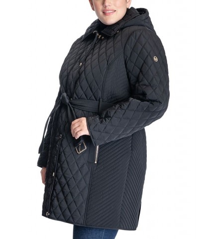 Women's Plus Size Hooded Belted Quilted Coat Black $80.50 Coats