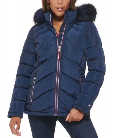 Women's Faux-Fur-Trim Hooded Puffer Coat Navy $67.20 Coats