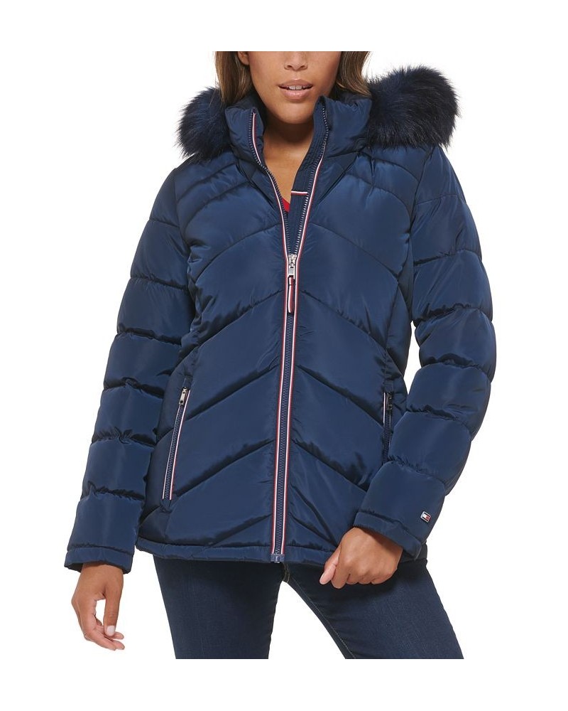 Women's Faux-Fur-Trim Hooded Puffer Coat Navy $67.20 Coats