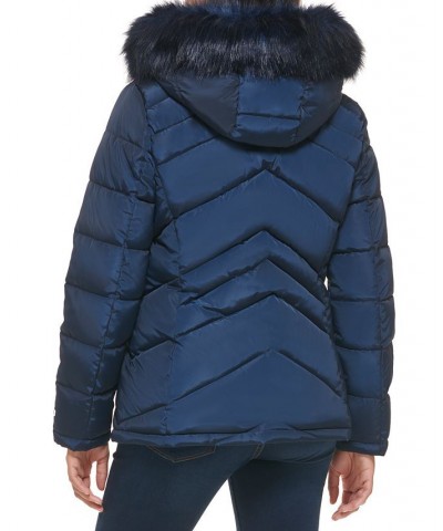 Women's Faux-Fur-Trim Hooded Puffer Coat Navy $67.20 Coats