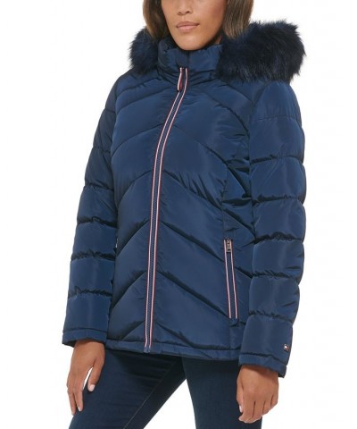 Women's Faux-Fur-Trim Hooded Puffer Coat Navy $67.20 Coats