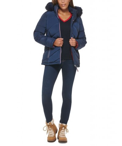 Women's Faux-Fur-Trim Hooded Puffer Coat Navy $67.20 Coats