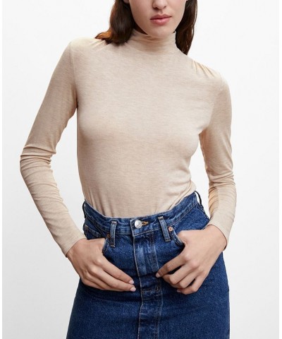 Women's Turtleneck Long-Sleeved T-shirt Tan/Beige $19.07 Tops