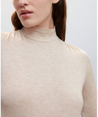 Women's Turtleneck Long-Sleeved T-shirt Tan/Beige $19.07 Tops