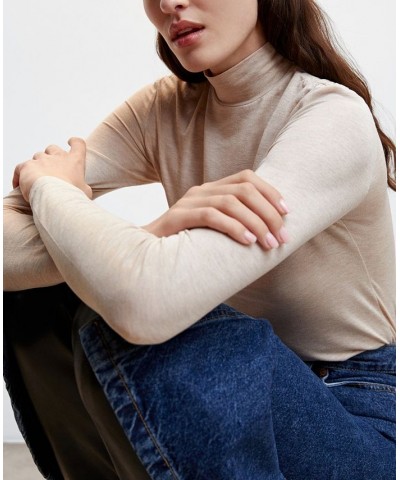 Women's Turtleneck Long-Sleeved T-shirt Tan/Beige $19.07 Tops