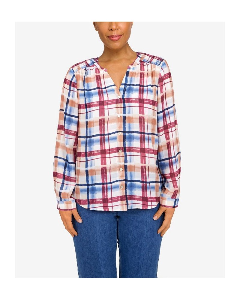 Women's Sloane Street Plaid Back Yoke Smocking Blouse Multi $13.49 Tops