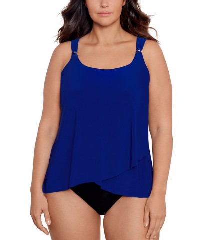 Plus Size Razzle Dazzle Asymmetrical-Drape Tankini Top Blue $71.44 Swimsuits