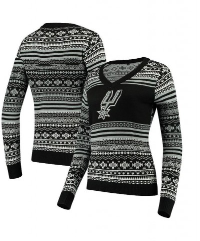 Women's Black San Antonio Spurs Big Logo Aztec V-Neck Sweater Black $33.81 Sweaters