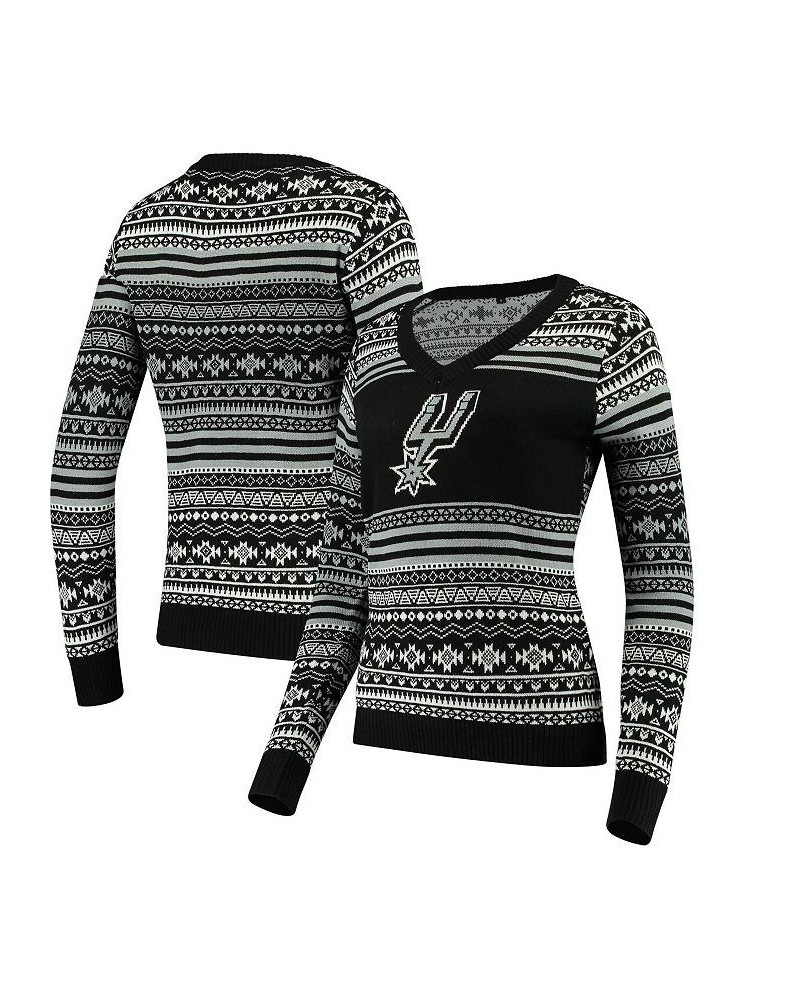 Women's Black San Antonio Spurs Big Logo Aztec V-Neck Sweater Black $33.81 Sweaters