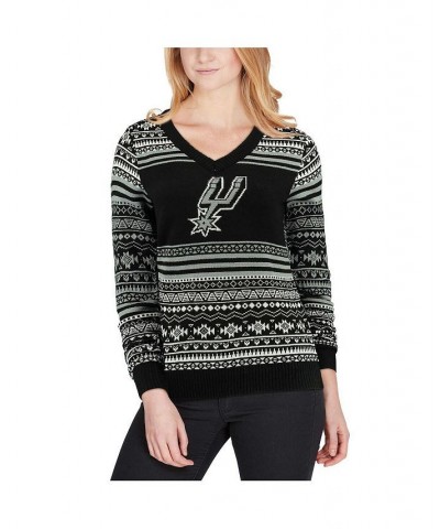 Women's Black San Antonio Spurs Big Logo Aztec V-Neck Sweater Black $33.81 Sweaters