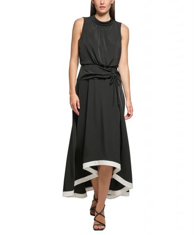 Women's Mock Neck Blouson Contrast-Hem Maxi Dress Black/Soft White $53.76 Dresses