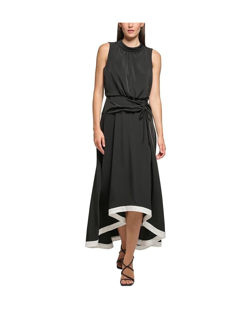 Women's Mock Neck Blouson Contrast-Hem Maxi Dress Black/Soft White $53.76 Dresses