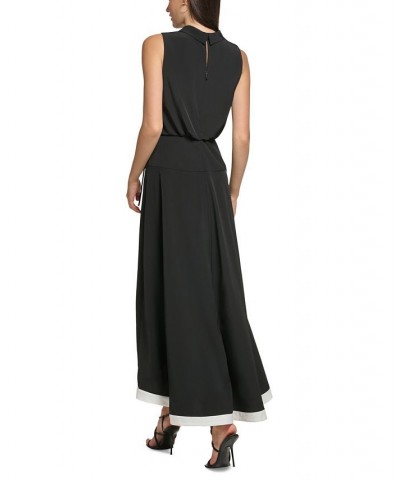 Women's Mock Neck Blouson Contrast-Hem Maxi Dress Black/Soft White $53.76 Dresses