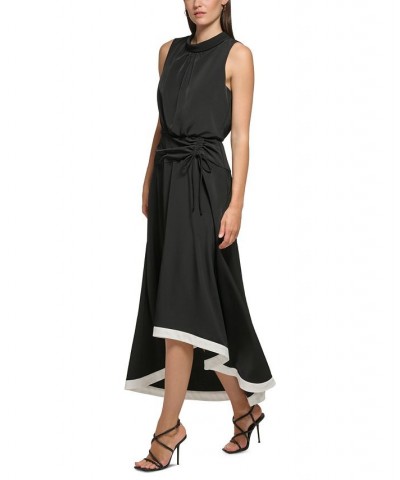 Women's Mock Neck Blouson Contrast-Hem Maxi Dress Black/Soft White $53.76 Dresses