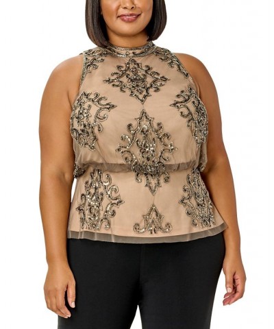 Plus Size Beaded Sleeveless Mesh Top Lead Nude $87.71 Tops