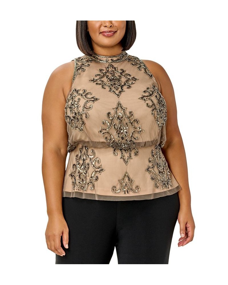 Plus Size Beaded Sleeveless Mesh Top Lead Nude $87.71 Tops